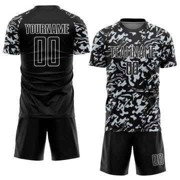 Custom Black Silver-White Liquid Fluid Pattern Sports Sublimation Soccer Uniform Jersey