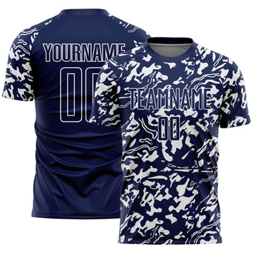 Custom Navy White Liquid Fluid Pattern Sports Sublimation Soccer Uniform Jersey