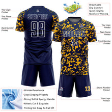 Load image into Gallery viewer, Custom Navy Gold-White Liquid Fluid Pattern Sports Sublimation Soccer Uniform Jersey
