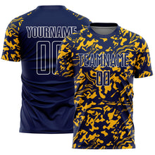 Load image into Gallery viewer, Custom Navy Gold-White Liquid Fluid Pattern Sports Sublimation Soccer Uniform Jersey
