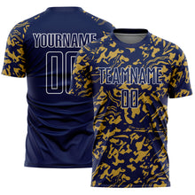 Load image into Gallery viewer, Custom Navy Old Gold-White Liquid Fluid Pattern Sports Sublimation Soccer Uniform Jersey
