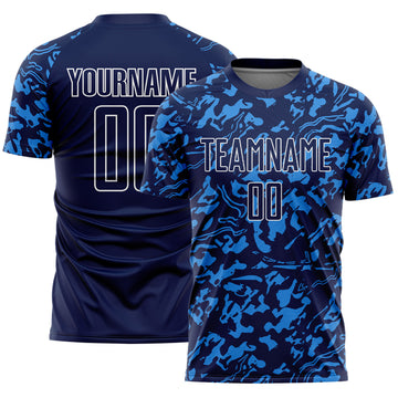 Custom Navy Powder Blue-White Liquid Fluid Pattern Sports Sublimation Soccer Uniform Jersey