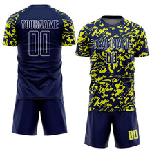 Laden Sie das Bild in den Galerie-Viewer, Custom Navy Neon Yellow-White Liquid Fluid Pattern Sports Sublimation Soccer Uniform Jersey
