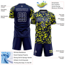 Laden Sie das Bild in den Galerie-Viewer, Custom Navy Neon Yellow-White Liquid Fluid Pattern Sports Sublimation Soccer Uniform Jersey
