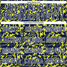 Laden Sie das Bild in den Galerie-Viewer, Custom Navy Neon Yellow-White Liquid Fluid Pattern Sports Sublimation Soccer Uniform Jersey
