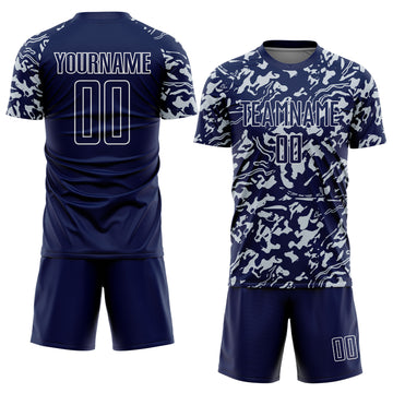 Custom Navy Silver-White Liquid Fluid Pattern Sports Sublimation Soccer Uniform Jersey