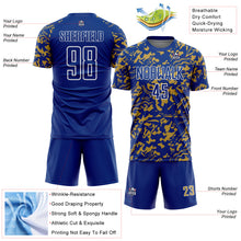 Laden Sie das Bild in den Galerie-Viewer, Custom Royal Old Gold-White Liquid Fluid Pattern Sports Sublimation Soccer Uniform Jersey

