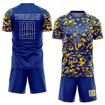 Custom Royal Yellow-White Liquid Fluid Pattern Sports Sublimation Soccer Uniform Jersey
