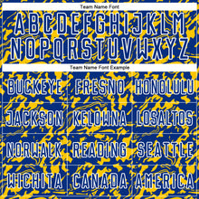 Charger l'image dans la galerie, Custom Royal Yellow-White Liquid Fluid Pattern Sports Sublimation Soccer Uniform Jersey
