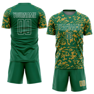 Custom Kelly Green Old Gold-White Liquid Fluid Pattern Sports Sublimation Soccer Uniform Jersey