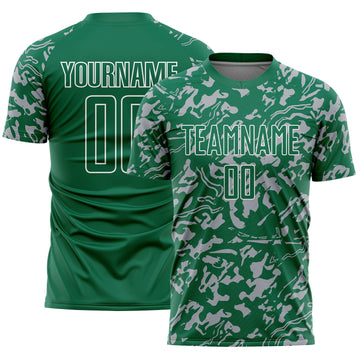 Custom Kelly Green Gray-White Liquid Fluid Pattern Sports Sublimation Soccer Uniform Jersey