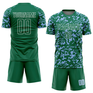 Custom Kelly Green Light Blue-White Liquid Fluid Pattern Sports Sublimation Soccer Uniform Jersey
