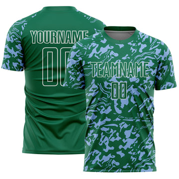 Custom Kelly Green Light Blue-White Liquid Fluid Pattern Sports Sublimation Soccer Uniform Jersey