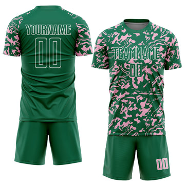 Custom Kelly Green Light Pink-White Liquid Fluid Pattern Sports Sublimation Soccer Uniform Jersey
