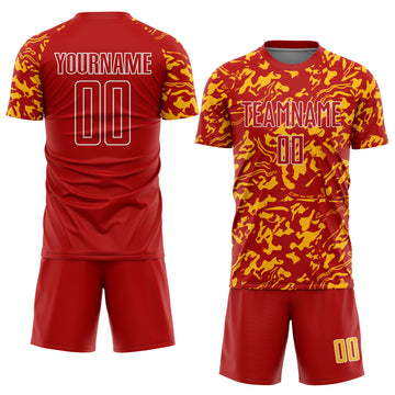 Custom Red Gold-White Liquid Fluid Pattern Sports Sublimation Soccer Uniform Jersey