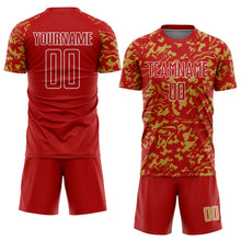 Load image into Gallery viewer, Custom Red Old Gold-White Liquid Fluid Pattern Sports Sublimation Soccer Uniform Jersey
