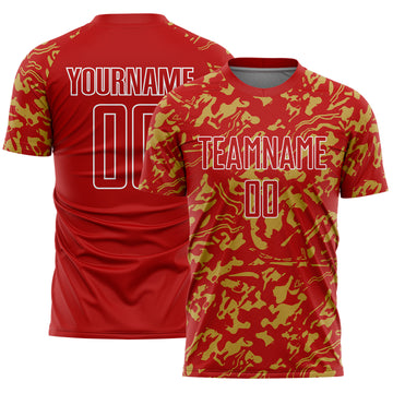 Custom Red Old Gold-White Liquid Fluid Pattern Sports Sublimation Soccer Uniform Jersey