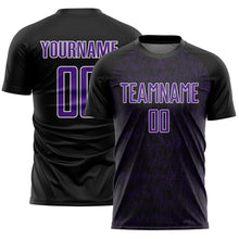 Laden Sie das Bild in den Galerie-Viewer, Custom Black Purple-White Abstract Scribble Curve Line Pattern Sports Sublimation Soccer Uniform Jersey
