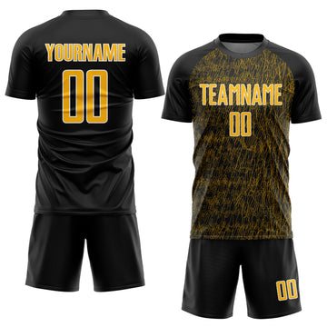 Custom Black Gold-White Abstract Scribble Curve Line Pattern Sports Sublimation Soccer Uniform Jersey