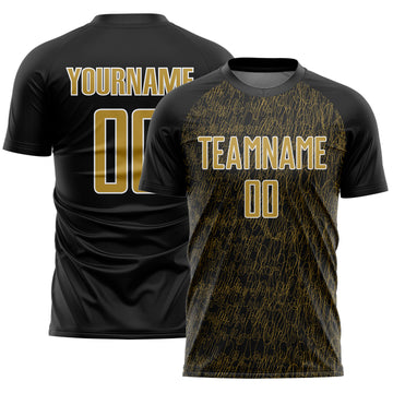 Custom Black Old Gold-White Abstract Scribble Curve Line Pattern Sports Sublimation Soccer Uniform Jersey