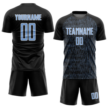 Custom Black Light Blue-White Abstract Scribble Curve Line Pattern Sports Sublimation Soccer Uniform Jersey