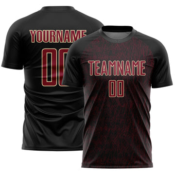 Custom Black Crimson-Cream Abstract Scribble Curve Line Pattern Sports Sublimation Soccer Uniform Jersey