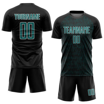 Custom Black Teal-White Abstract Scribble Curve Line Pattern Sports Sublimation Soccer Uniform Jersey