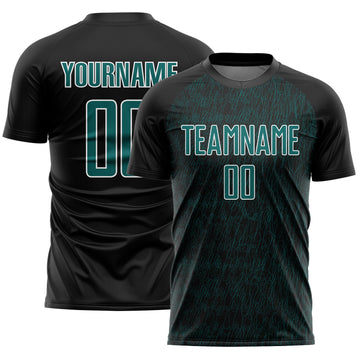 Custom Black Teal-White Abstract Scribble Curve Line Pattern Sports Sublimation Soccer Uniform Jersey