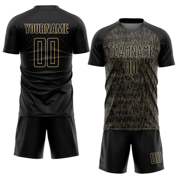 Custom Black Vegas Gold Abstract Scribble Curve Line Pattern Sports Sublimation Soccer Uniform Jersey