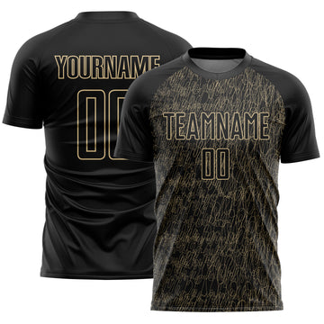 Custom Black Vegas Gold Abstract Scribble Curve Line Pattern Sports Sublimation Soccer Uniform Jersey
