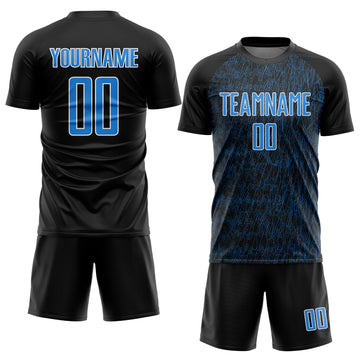 Custom Black Powder Blue-White Abstract Scribble Curve Line Pattern Sports Sublimation Soccer Uniform Jersey