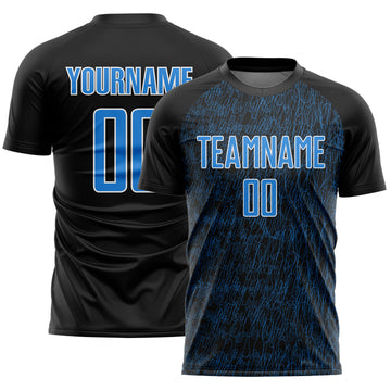Custom Black Powder Blue-White Abstract Scribble Curve Line Pattern Sports Sublimation Soccer Uniform Jersey