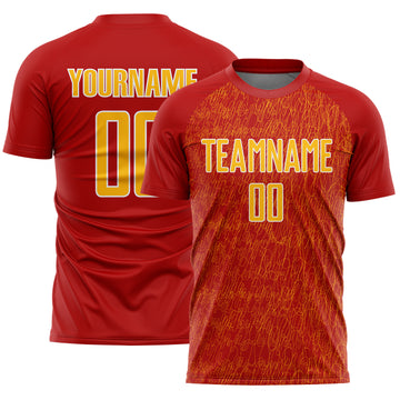 Custom Red Gold-White Abstract Scribble Curve Line Pattern Sports Sublimation Soccer Uniform Jersey