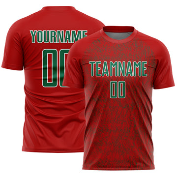 Custom Red Kelly Green-White Abstract Scribble Curve Line Pattern Sports Sublimation Soccer Uniform Jersey