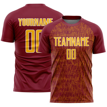 Custom Crimson Gold-White Abstract Scribble Curve Line Pattern Sports Sublimation Soccer Uniform Jersey