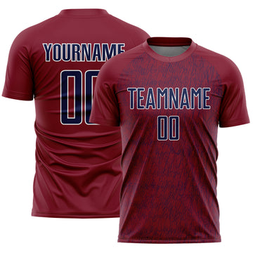 Custom Crimson Navy-White Abstract Scribble Curve Line Pattern Sports Sublimation Soccer Uniform Jersey