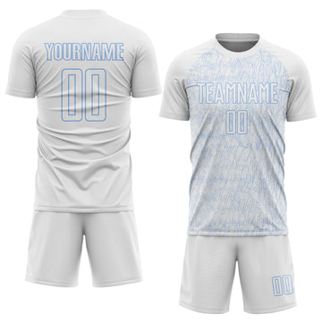 Custom White Light Blue Abstract Scribble Curve Line Pattern Sports Sublimation Soccer Uniform Jersey