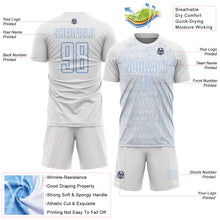 Загрузить изображение в средство просмотра галереи, Custom White Light Blue Abstract Scribble Curve Line Pattern Sports Sublimation Soccer Uniform Jersey
