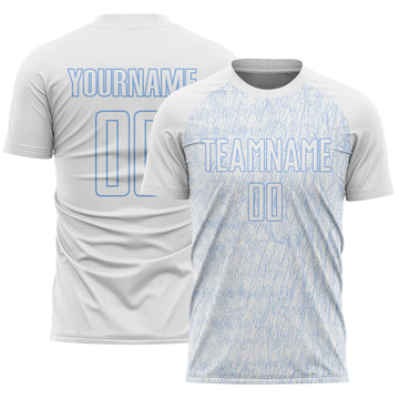 Custom White Light Blue Abstract Scribble Curve Line Pattern Sports Sublimation Soccer Uniform Jersey