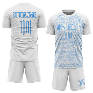 Custom White Powder Blue Abstract Scribble Curve Line Pattern Sports Sublimation Soccer Uniform Jersey