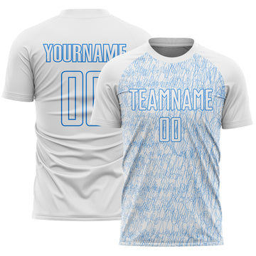 Custom White Powder Blue Abstract Scribble Curve Line Pattern Sports Sublimation Soccer Uniform Jersey