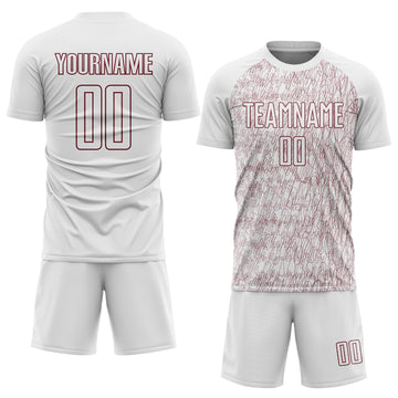 Custom White Burgundy Abstract Scribble Curve Line Pattern Sports Sublimation Soccer Uniform Jersey