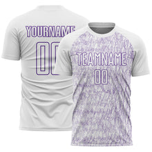 Загрузить изображение в средство просмотра галереи, Custom White Purple Abstract Scribble Curve Line Pattern Sports Sublimation Soccer Uniform Jersey
