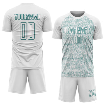 Custom White Teal Abstract Scribble Curve Line Pattern Sports Sublimation Soccer Uniform Jersey