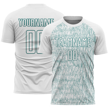 Custom White Teal Abstract Scribble Curve Line Pattern Sports Sublimation Soccer Uniform Jersey