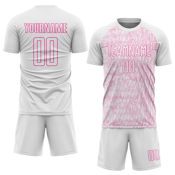 Custom White Pink Abstract Scribble Curve Line Pattern Sports Sublimation Soccer Uniform Jersey