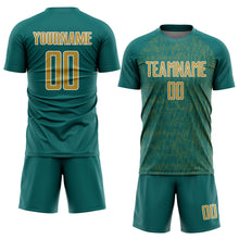 Загрузить изображение в средство просмотра галереи, Custom Teal Old Gold-White Abstract Scribble Curve Line Pattern Sports Sublimation Soccer Uniform Jersey
