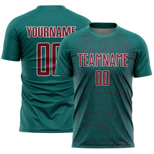 Загрузить изображение в средство просмотра галереи, Custom Teal Crimson-White Abstract Scribble Curve Line Pattern Sports Sublimation Soccer Uniform Jersey
