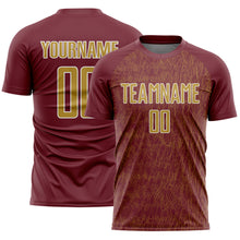 Загрузить изображение в средство просмотра галереи, Custom Burgundy Old Gold-White Abstract Scribble Curve Line Pattern Sports Sublimation Soccer Uniform Jersey
