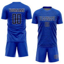 Laden Sie das Bild in den Galerie-Viewer, Custom Thunder Blue Navy-White Abstract Scribble Curve Line Pattern Sports Sublimation Soccer Uniform Jersey
